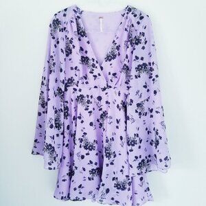 Free People Floral Lilou XS Wisteria Chiffon Boho Mini Dress Bell Sleeve Fairy